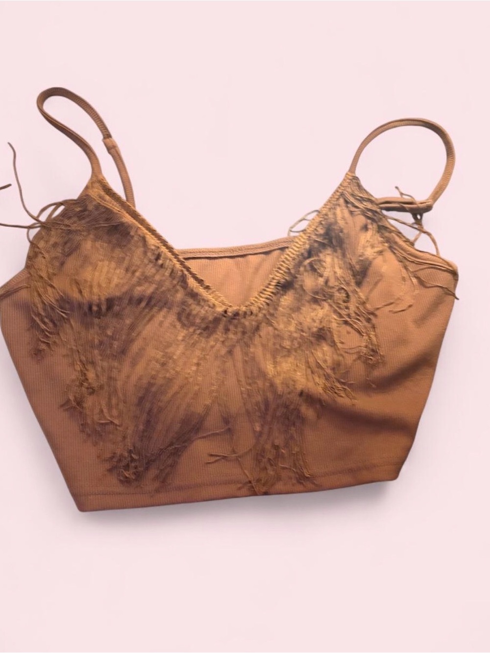 Brown Frayed V-Neck Crop with Matching Ruched Slit Skirt